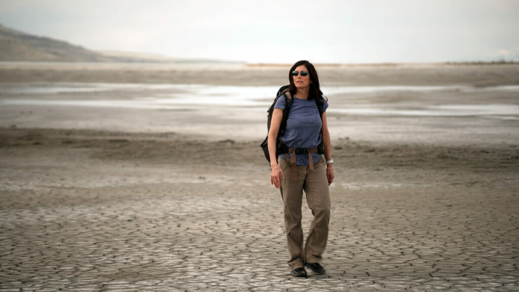 Kerry Kelly en route to setting up a sensor that monitors air pollution at the Great Salt Lake. (Credit: The Story Exchange)